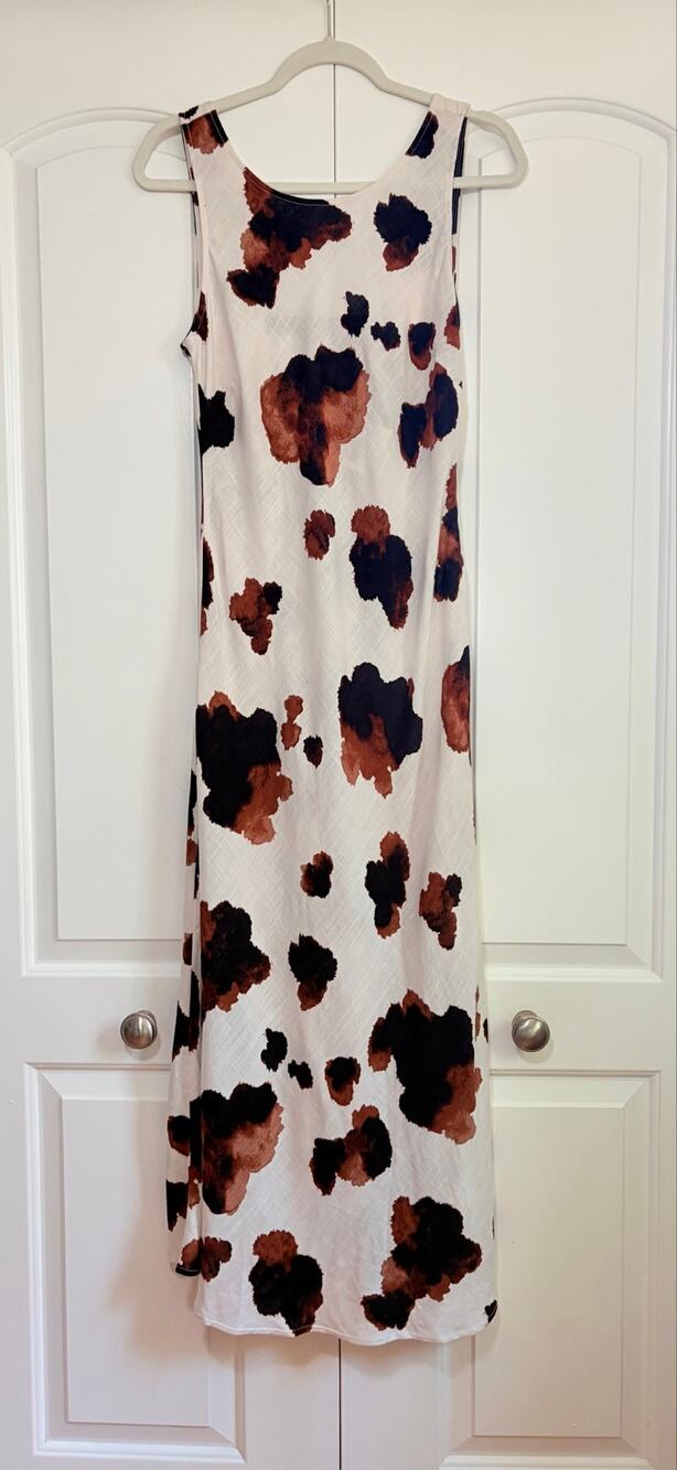 Paper Heart Midi Dress Women M Pony White Brown Cow Print Linen Blend Open Back